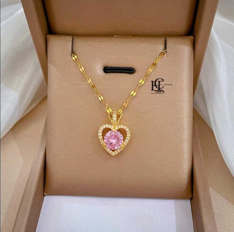 Heart Pendant Rhinestone Necklace pink